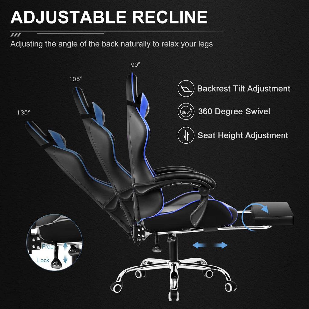 Ergonomic gaming chair with footrest showing adjustable recline positions and swivel features