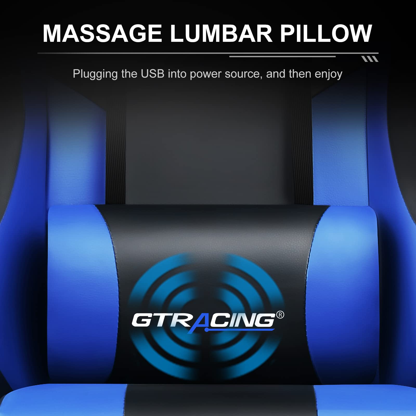 Ergonomic gaming chair with footrest featuring a massage lumbar pillow and USB plug-in power source