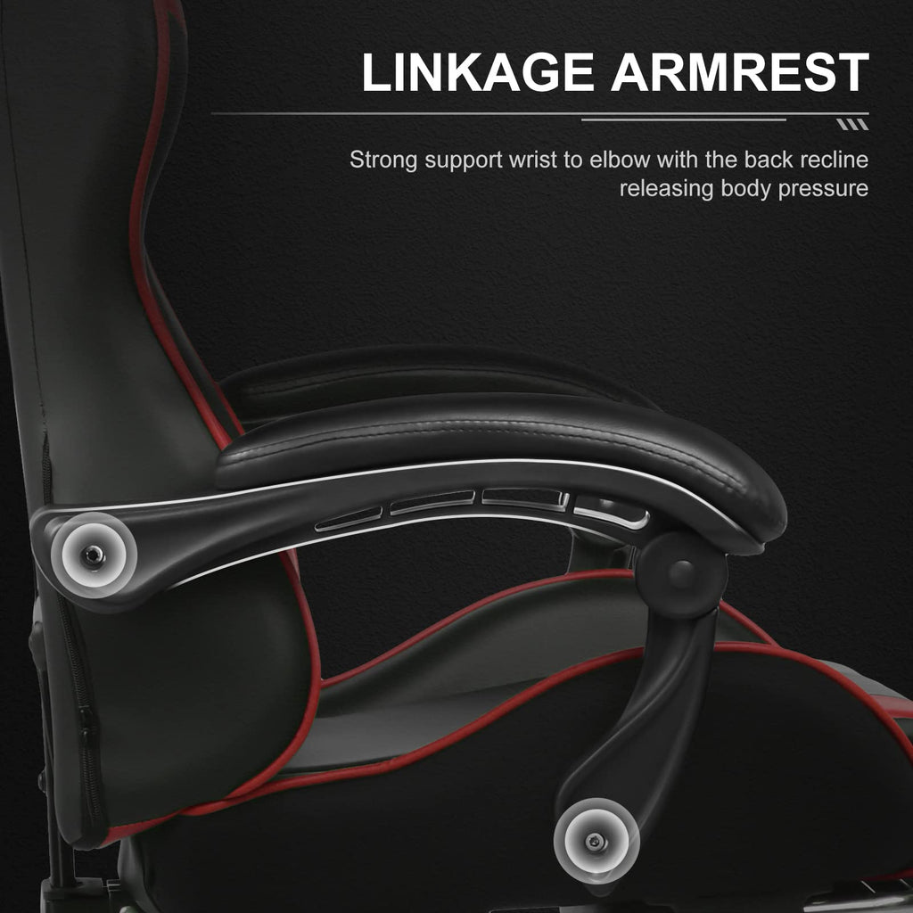 Close-up of linkage armrest on ergonomic gaming chair with footrest showing strong wrist to elbow support