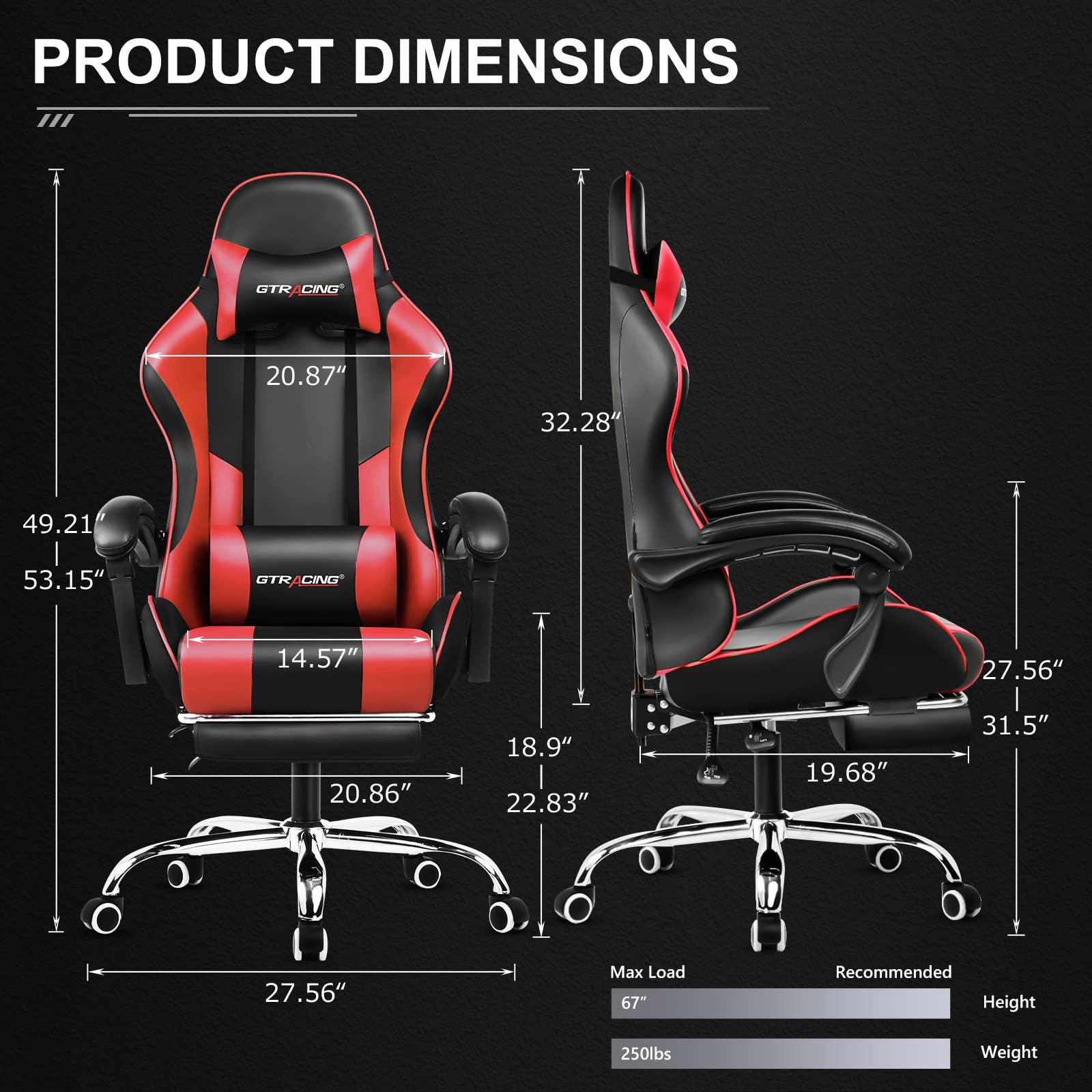 Ergonomic gaming chair with footrest by craques showing detailed product dimensions in red and black