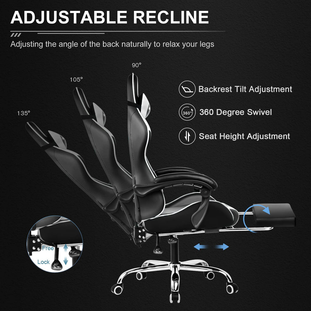 Ergonomic gaming chair with footrest showing adjustable recline angles 90 to 135 degrees with swivel and height adjustment