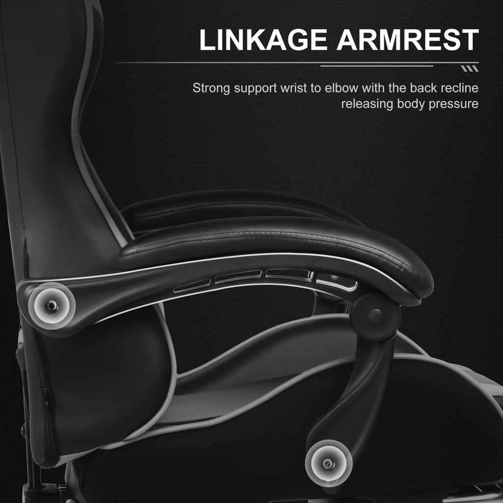 Ergonomic gaming chair with footrest featuring linkage armrest for strong wrist to elbow support