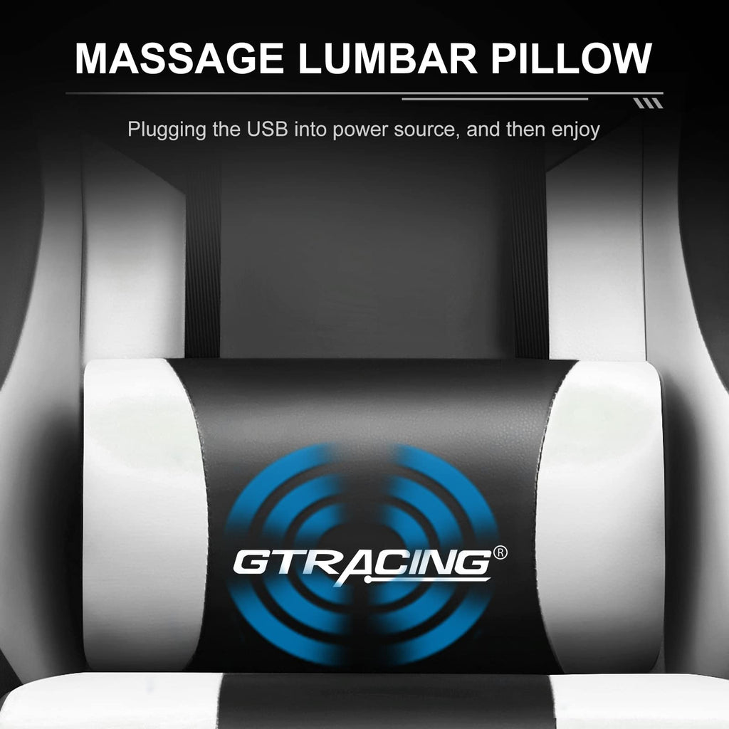 Ergonomic gaming chair with footrest featuring a massage lumbar pillow with USB power connection
