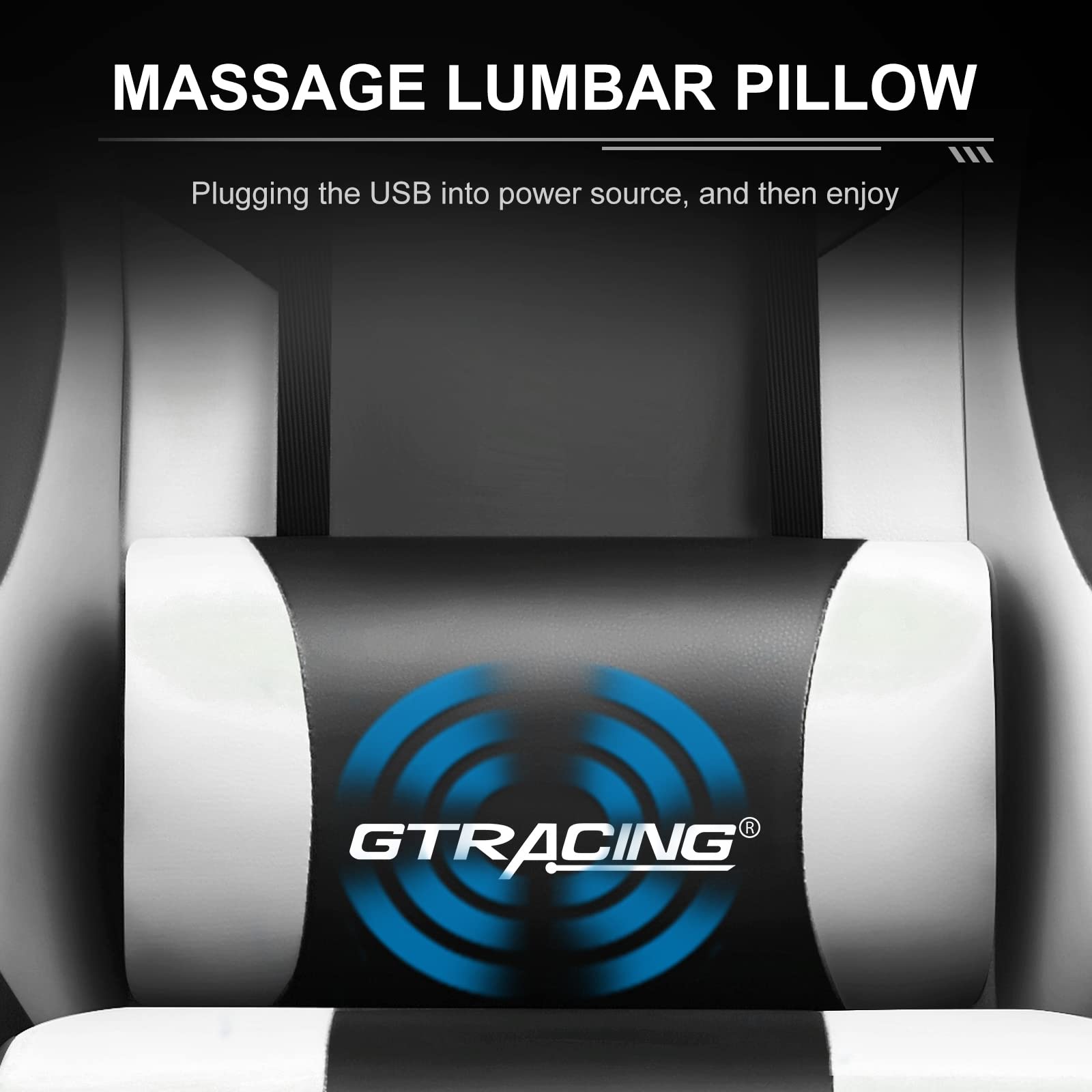 Ergonomic gaming chair with footrest featuring a massage lumbar pillow with USB power connection
