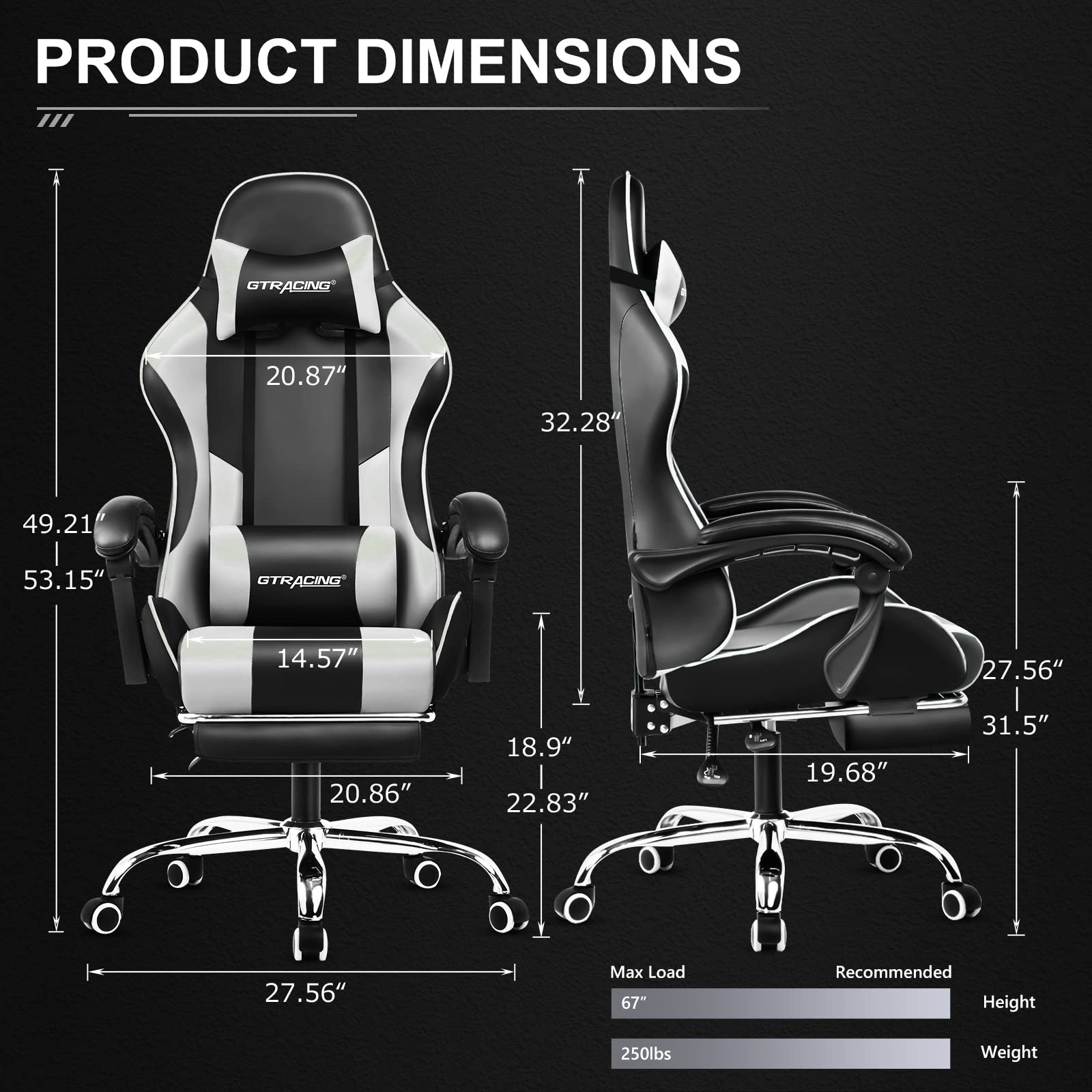 Ergonomic gaming chair with footrest and adjustable dimensions shown from front and side views