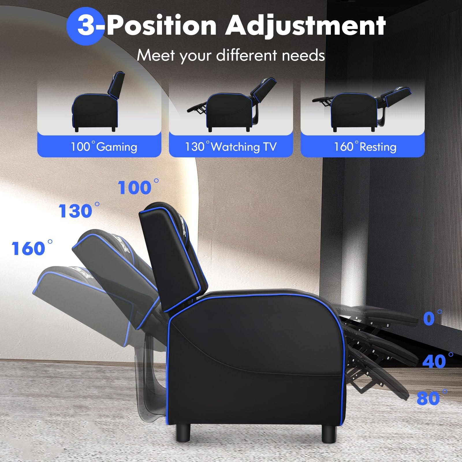 Craques massage gaming recliner chair showing 3-position adjustment for gaming watching TV and resting