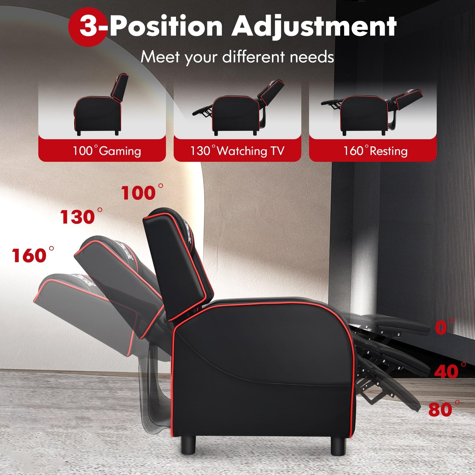 Craques massage gaming recliner chair showing 3-position adjustment from 100 to 160 degrees