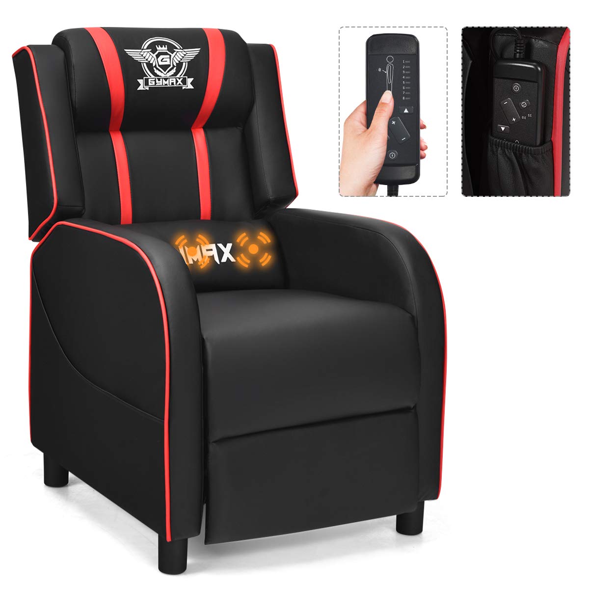Craques massage gaming recliner chair in black with red accents and remote control for adjustable comfort