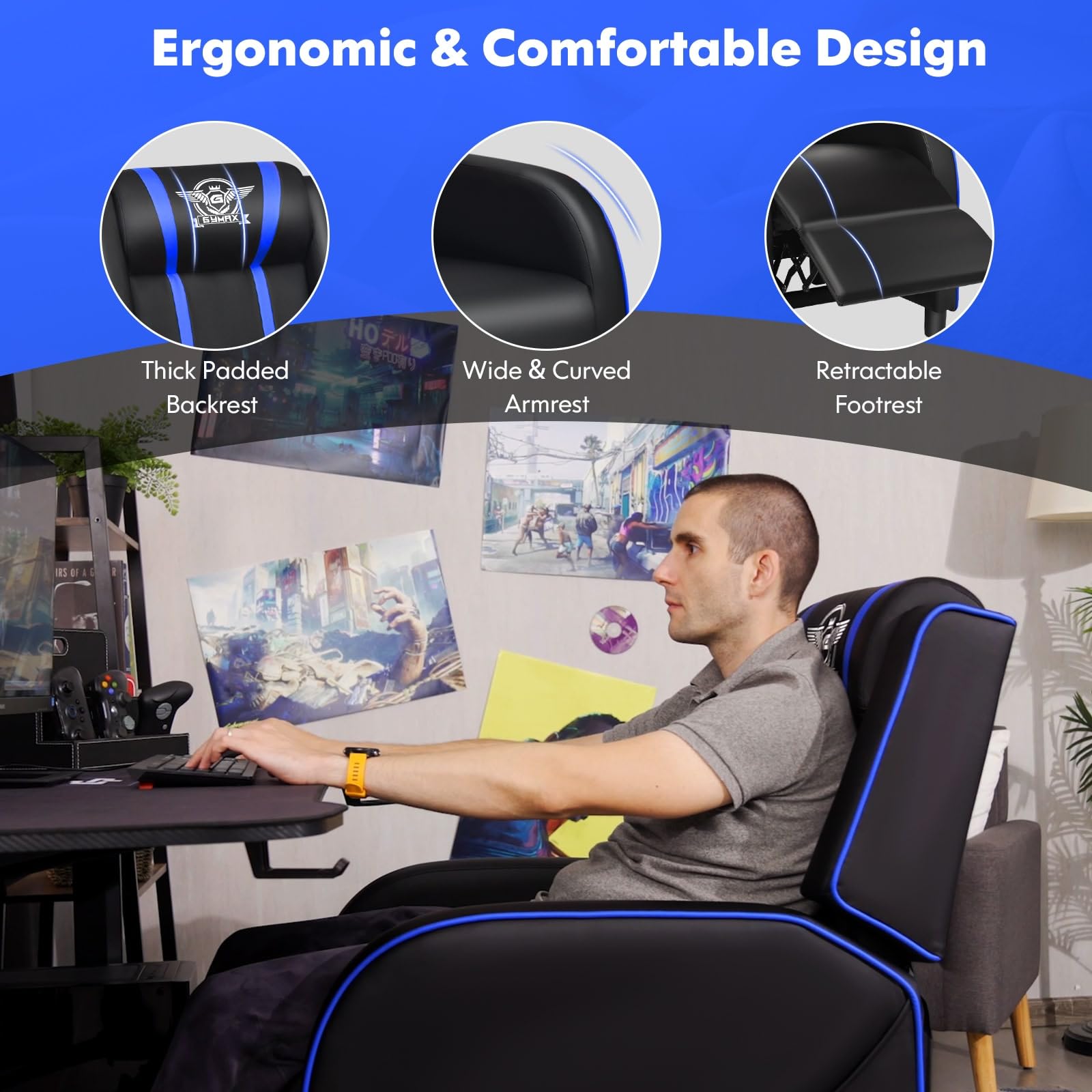 Craques massage gaming recliner chair with thick padded backrest, wide curved armrest, and retractable footrest