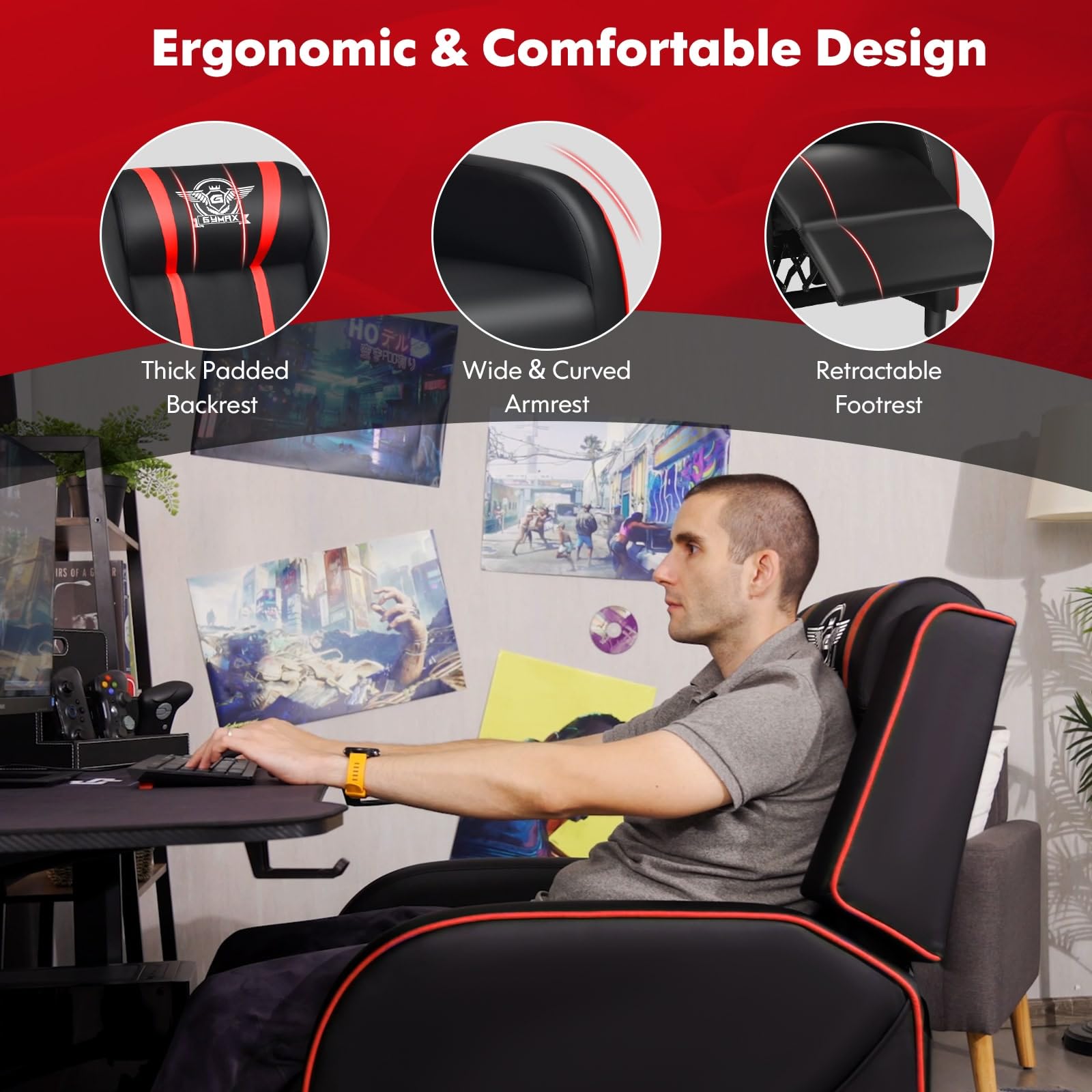 Ergonomic massage gaming recliner chair with thick padded backrest, wide curved armrest, and retractable footrest