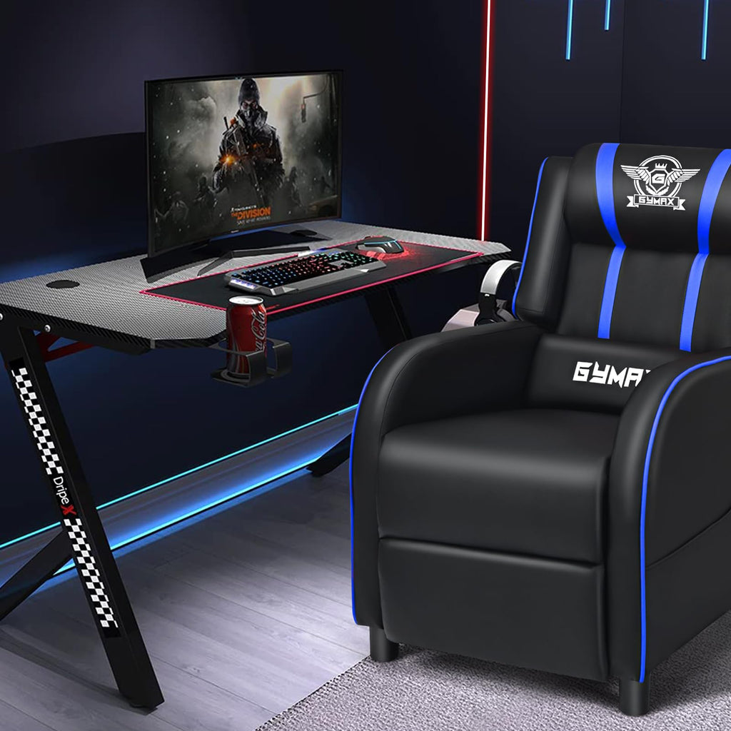 Craques black and blue massage gaming recliner chair next to a modern gaming desk setup