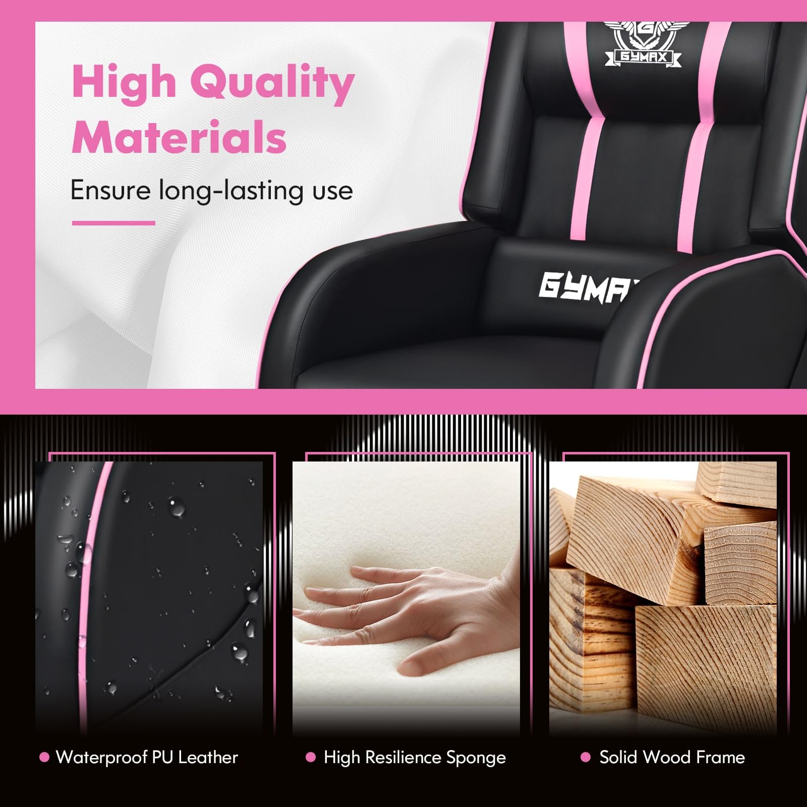 Craques massage gaming recliner chair in black and pink with waterproof PU leather high resilience sponge and solid wood frame