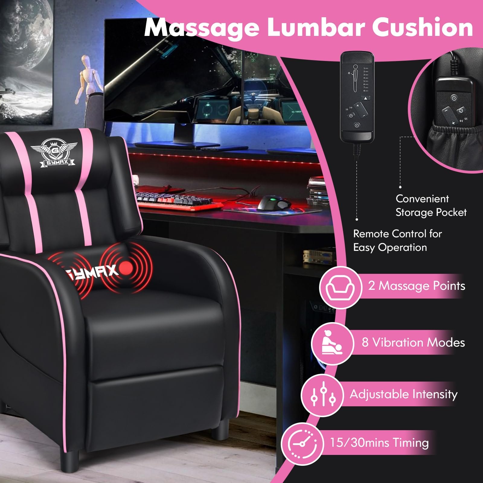Black and pink massage gaming recliner chair with lumbar cushion and remote control on a gaming desk setup