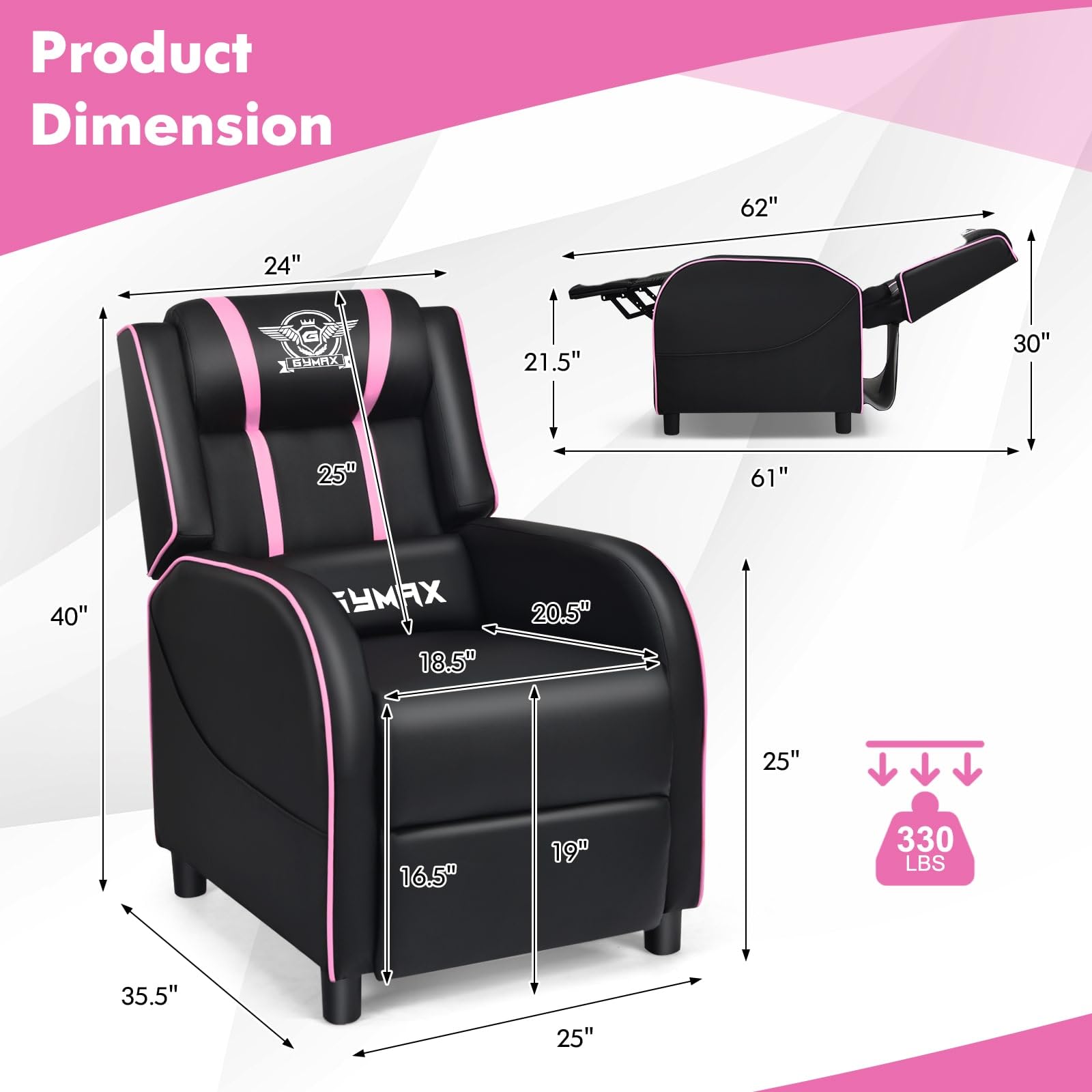Craques massage gaming recliner chair in black with pink accents showing detailed product dimensions