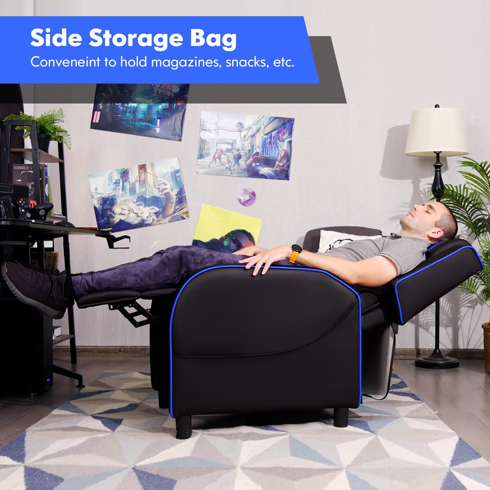 Man relaxing in a black and blue massage gaming recliner chair with side storage bag in living room