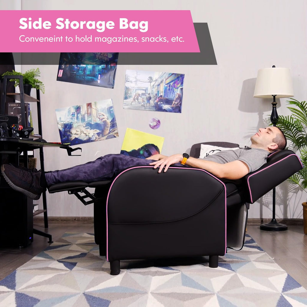 Craques massage gaming recliner chair in black with pink trim featuring side storage bag for magazines and snacks