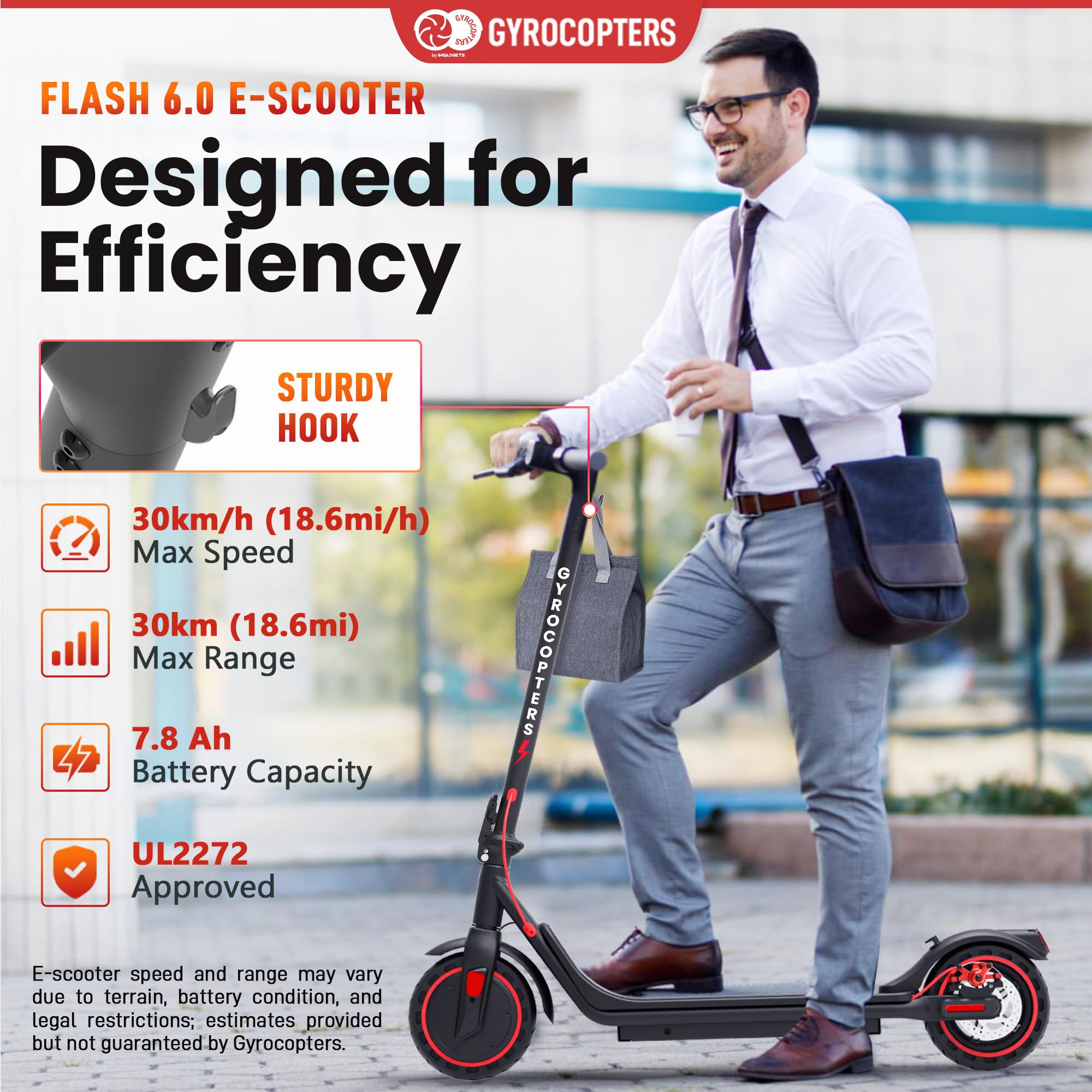 Gyrocopters Flash 6.0 electric scooter for adults with sturdy hook, 30km max speed, and 30km range