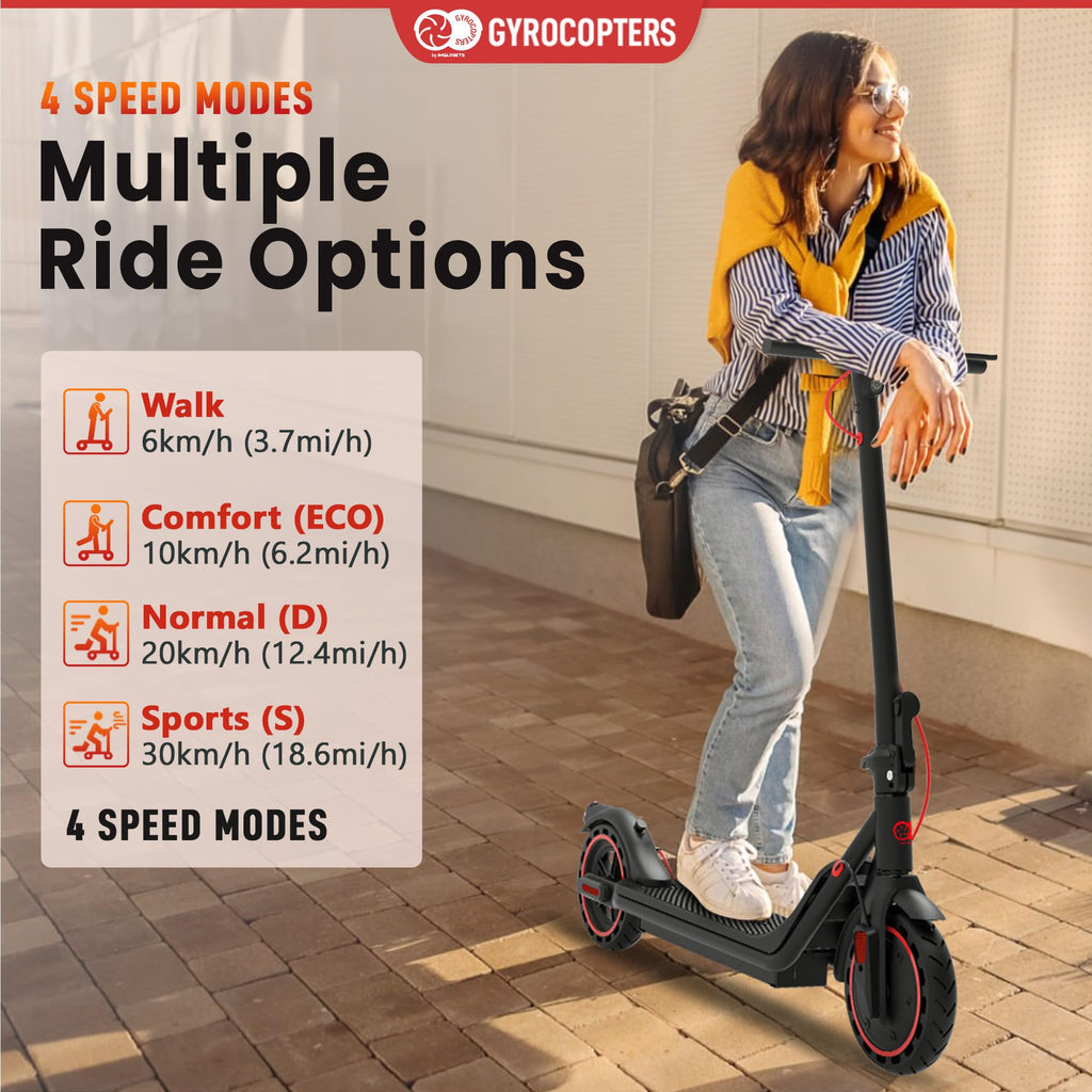Craques electric scooter for adults with black frame and red accents showcasing multiple ride speed modes