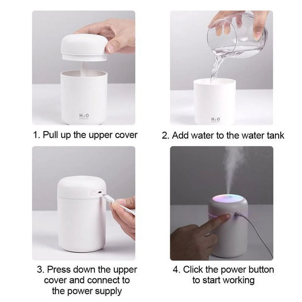 Craques portable mini humidifier shown with water filling, cover removal, power connection, and mist output with colorful light