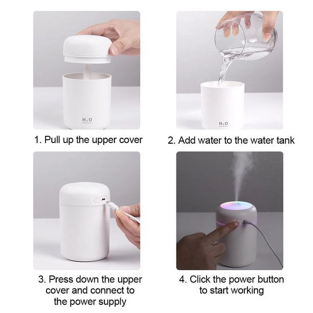 Craques portable mini humidifier shown with water filling, cover removal, power connection, and mist output with colorful light