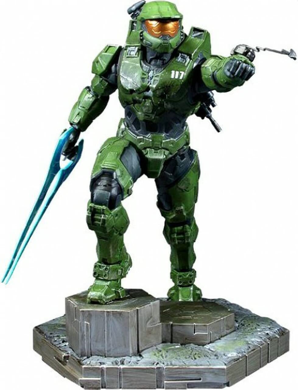 Halo Infinite Master Chief statue in green armor holding energy sword and grappling hook on detailed base