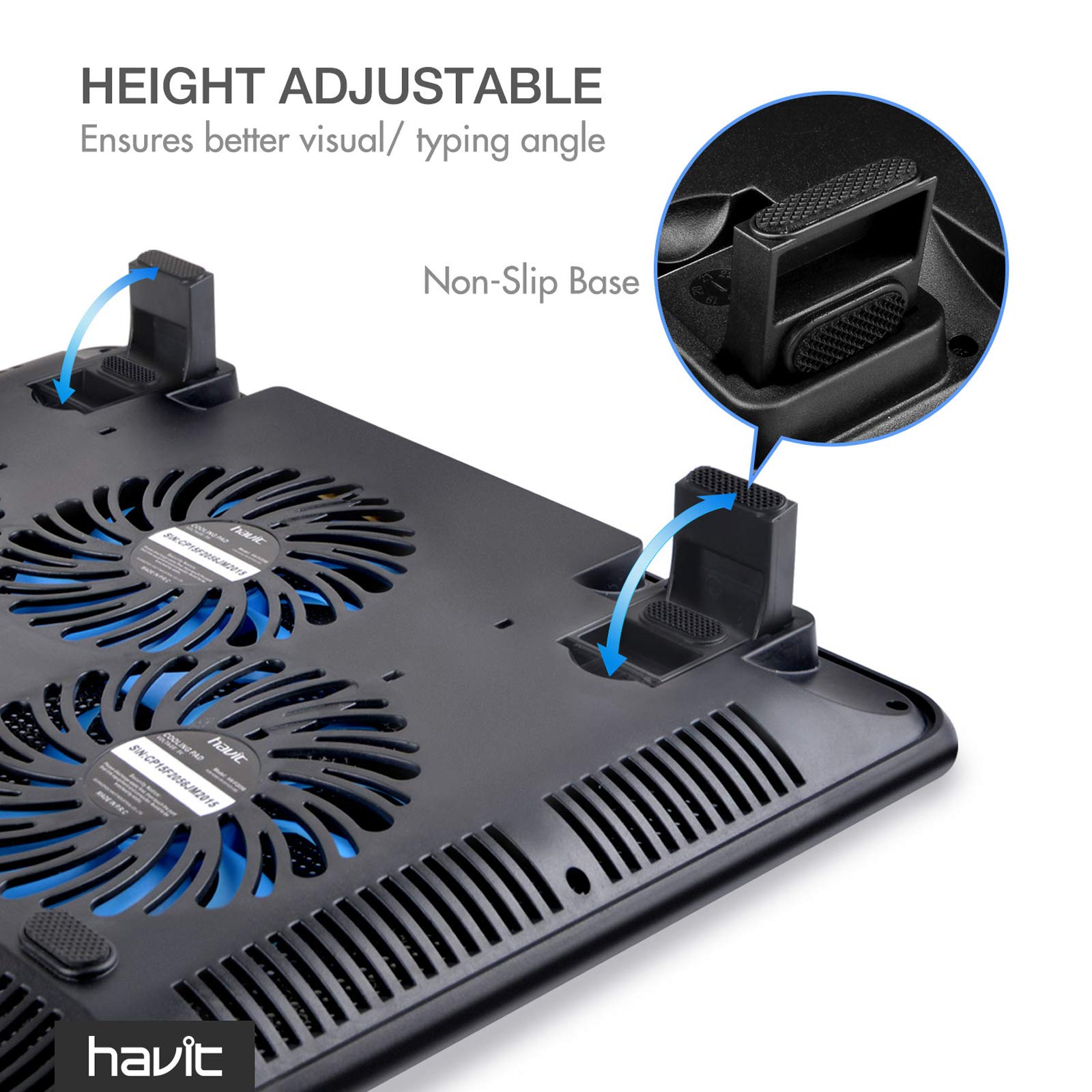 Havit laptop cooling pad with dual fans and height adjustable non slip base for better typing angle
