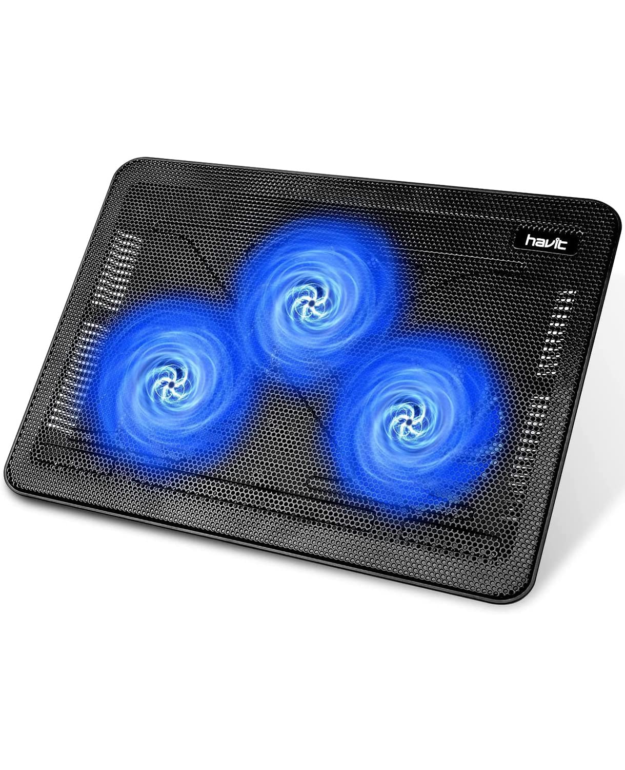 Craques havit laptop cooling pad with three blue LED fans and black mesh surface for efficient cooling
