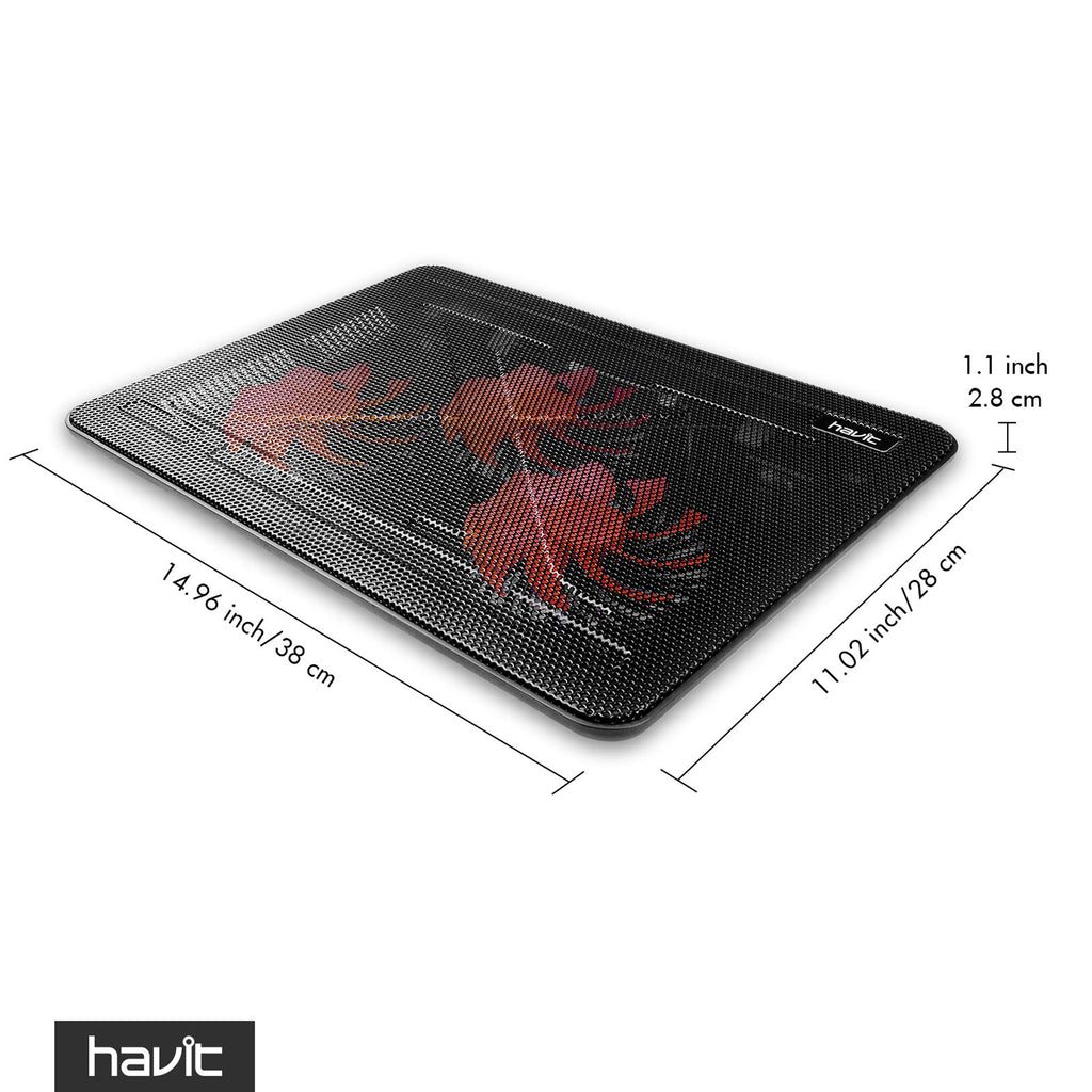 Havit laptop cooling pad with three cooling fans and metal mesh surface measuring 14.96 by 11.02 inches