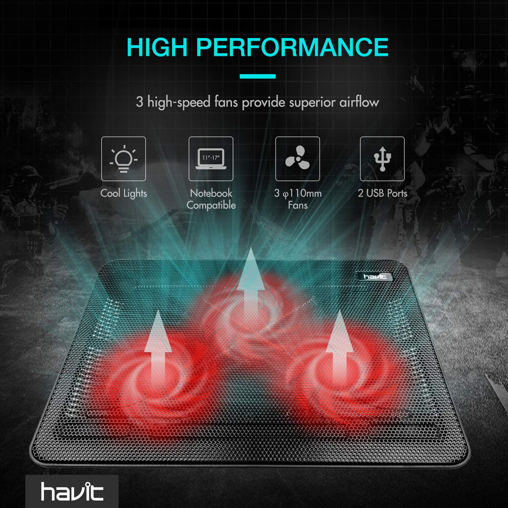 Havit laptop cooling pad with three high-speed fans, cool lights, and two USB ports for superior airflow