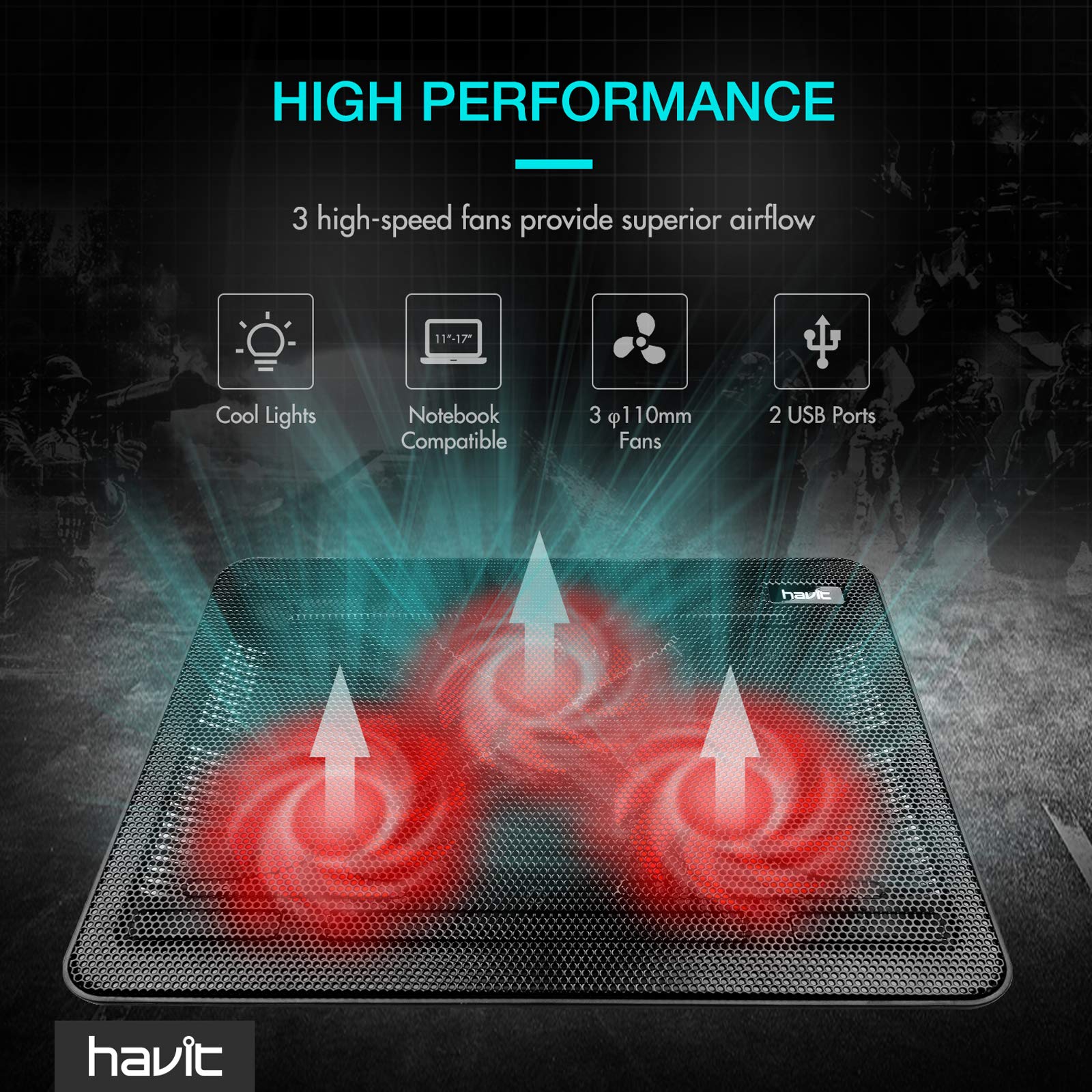 Havit laptop cooling pad with three high-speed fans, cool lights, and two USB ports for superior airflow