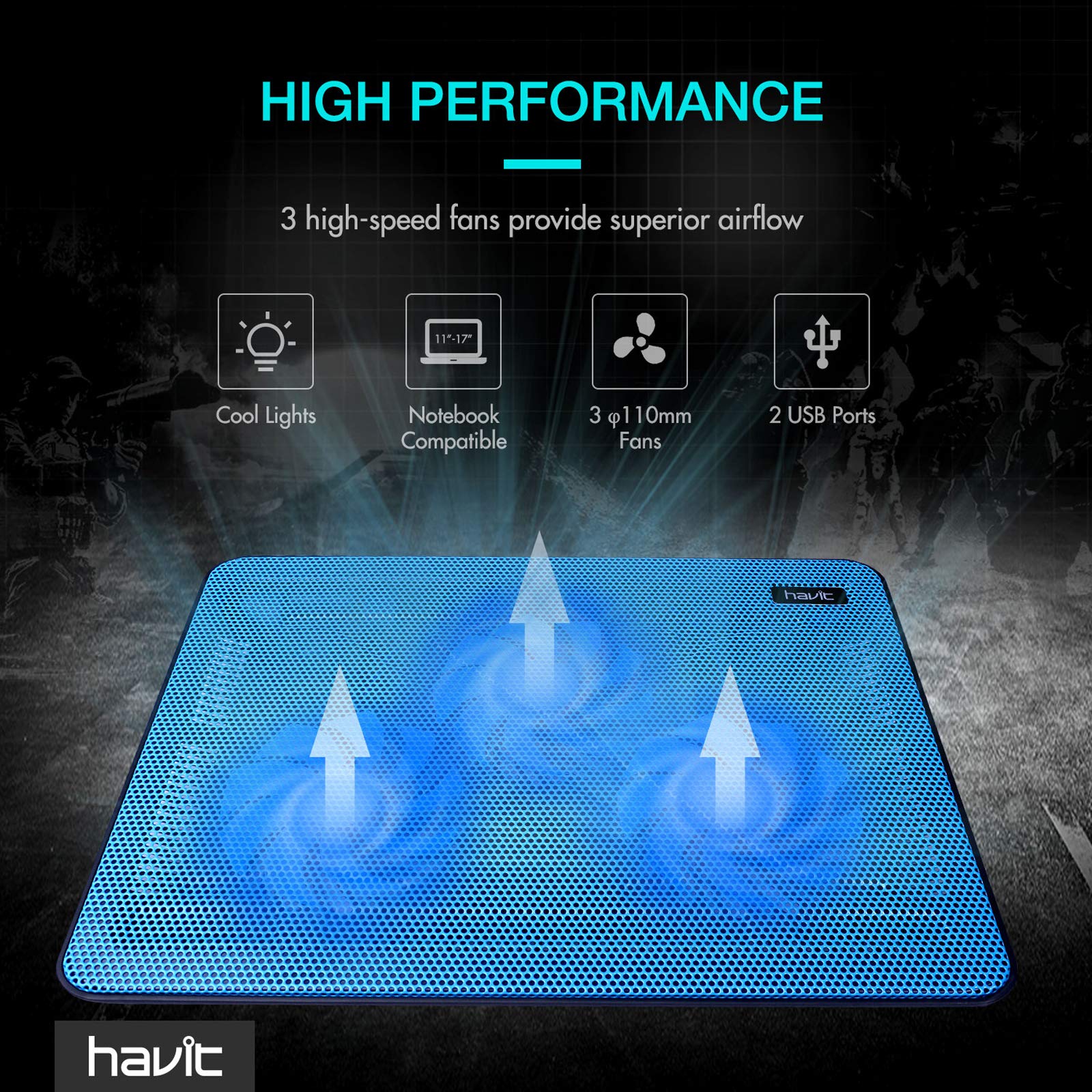 Havit laptop cooling pad with three high-speed fans and blue cool lights for superior airflow