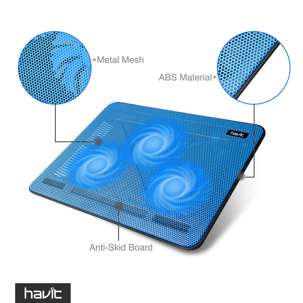 Blue havit laptop cooling pad with metal mesh, ABS material, anti-skid board, and three cooling fans