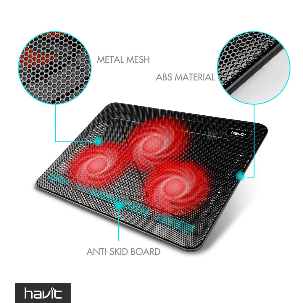Havit laptop cooling pad with three red LED cooling fans metal mesh and anti-skid board