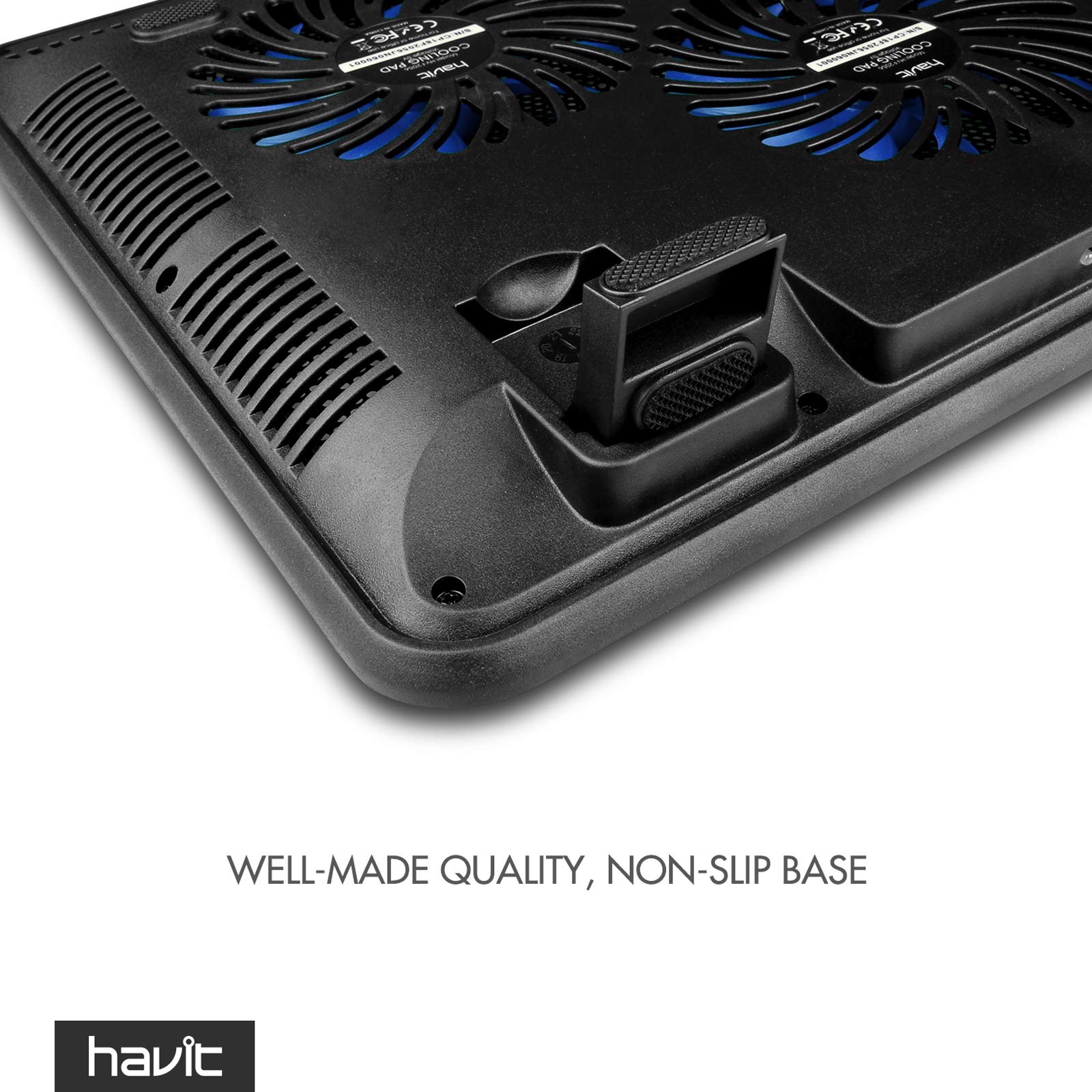 Close-up of the well-made quality non-slip base of the havit laptop cooling pad with dual fans
