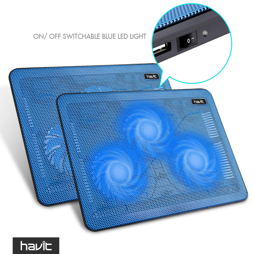 Blue havit laptop cooling pad with three fans and on off switchable blue LED light