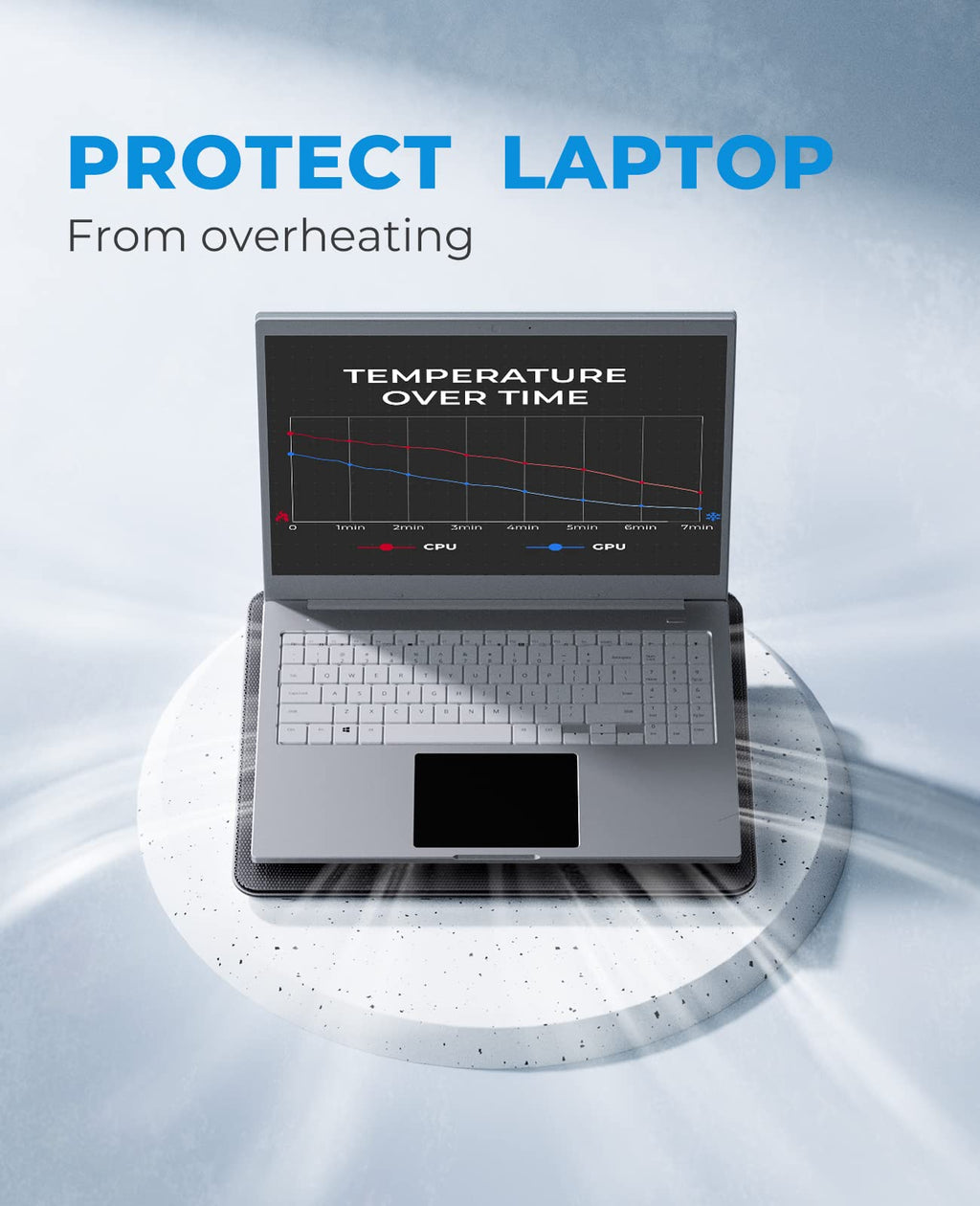 Laptop placed on a havit laptop cooling pad showing temperature reduction over time to prevent overheating