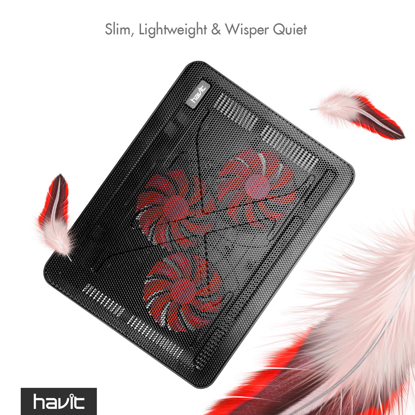 Slim and lightweight havit laptop cooling pad with three red fans and whisper quiet design