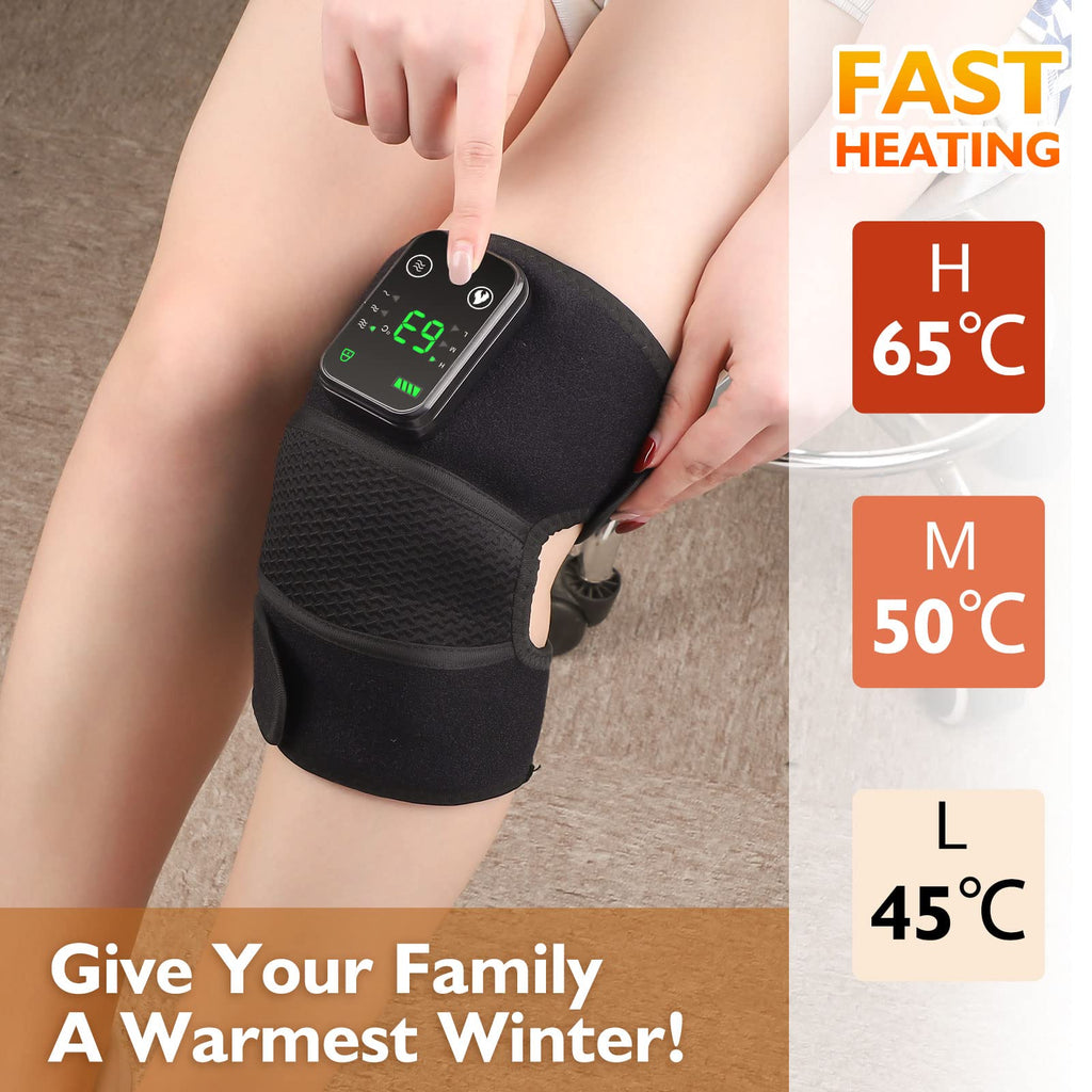 Heated knee brace for pain relief by craques worn on knee with digital temperature control display