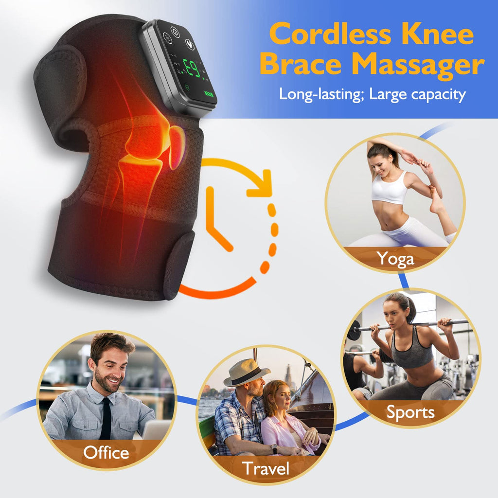 Cordless heated knee brace for pain relief with digital control for yoga sports office and travel