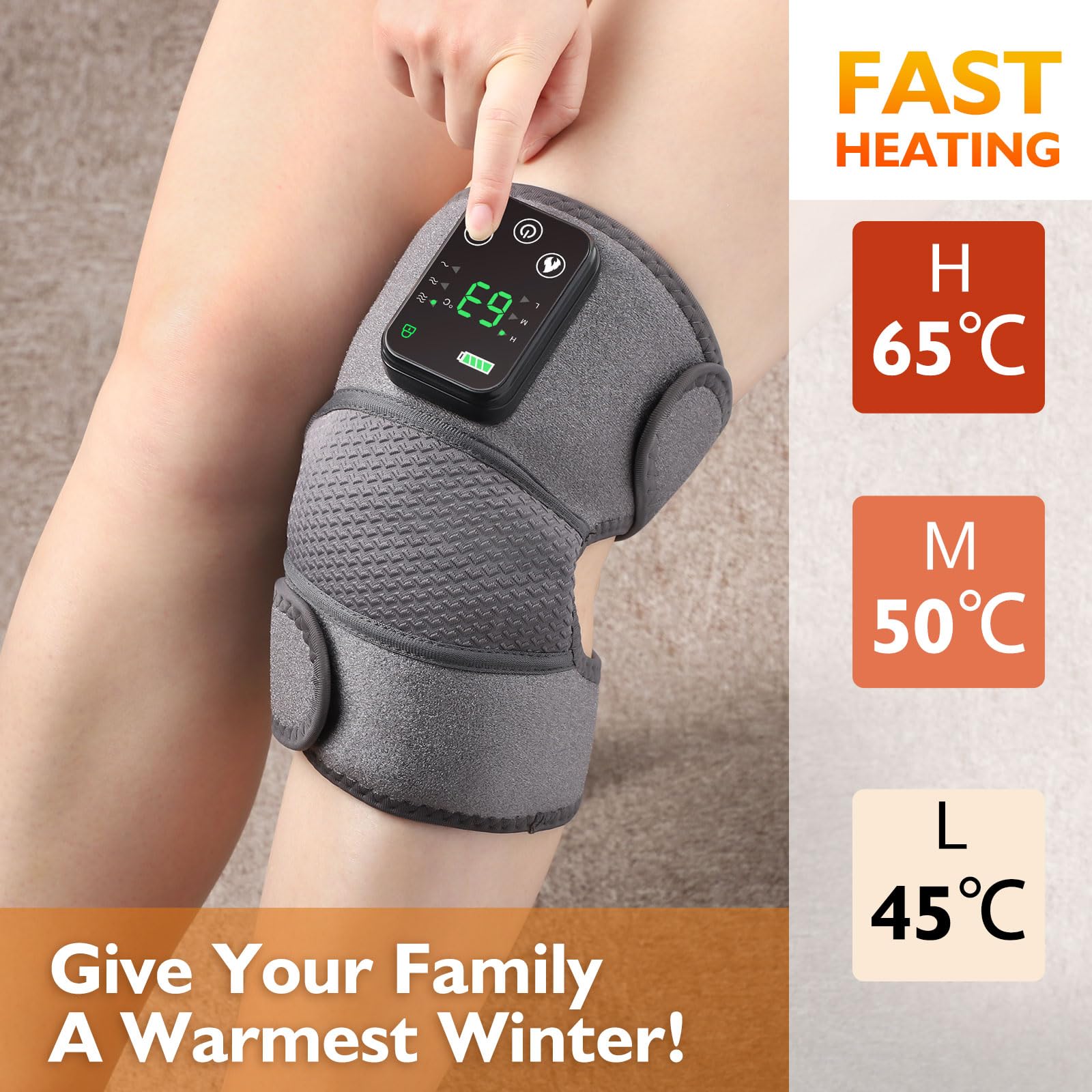 Heated knee brace for pain relief with digital control panel showing temperature settings on a person's leg