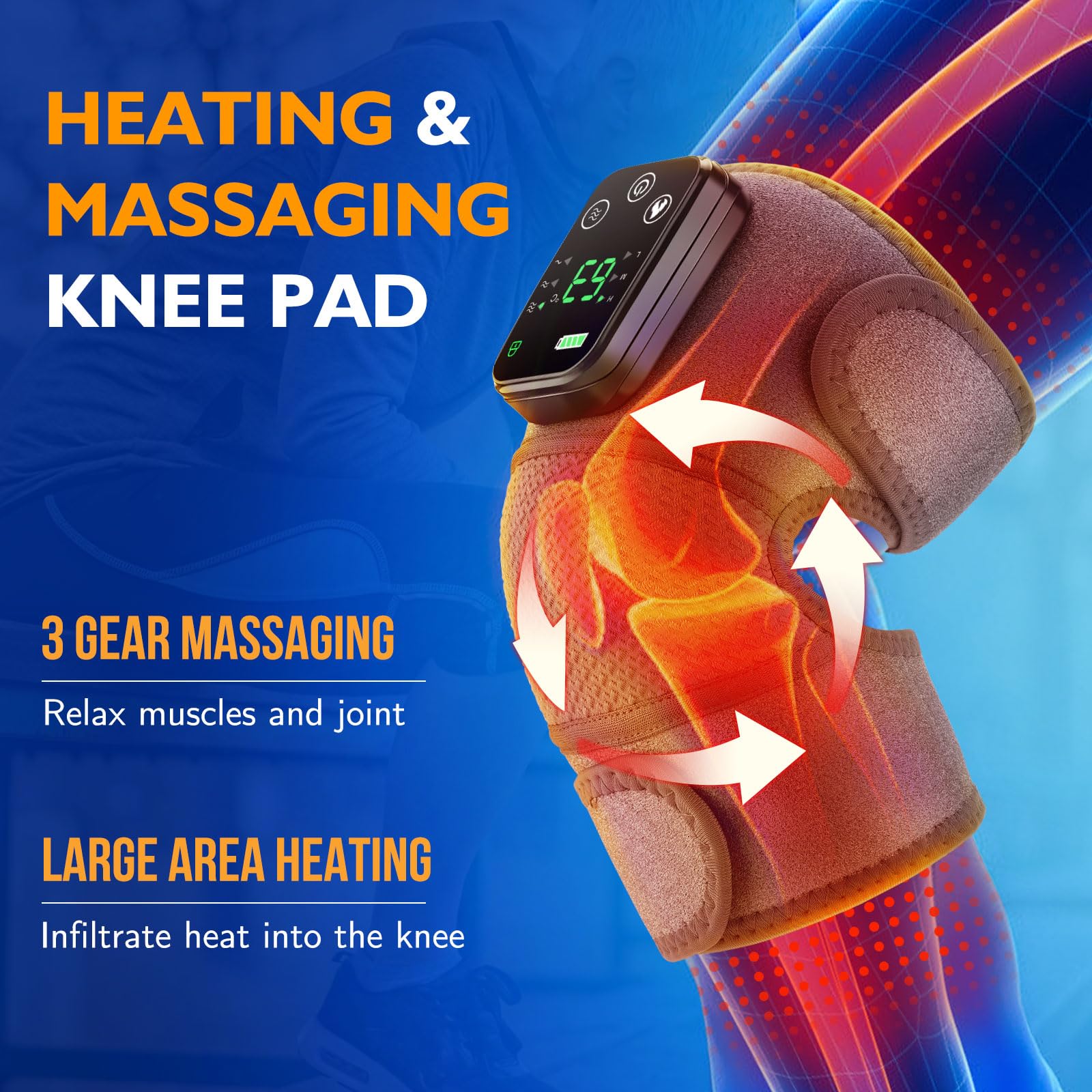Craques heated knee brace for pain relief with heating and massaging features and digital control display