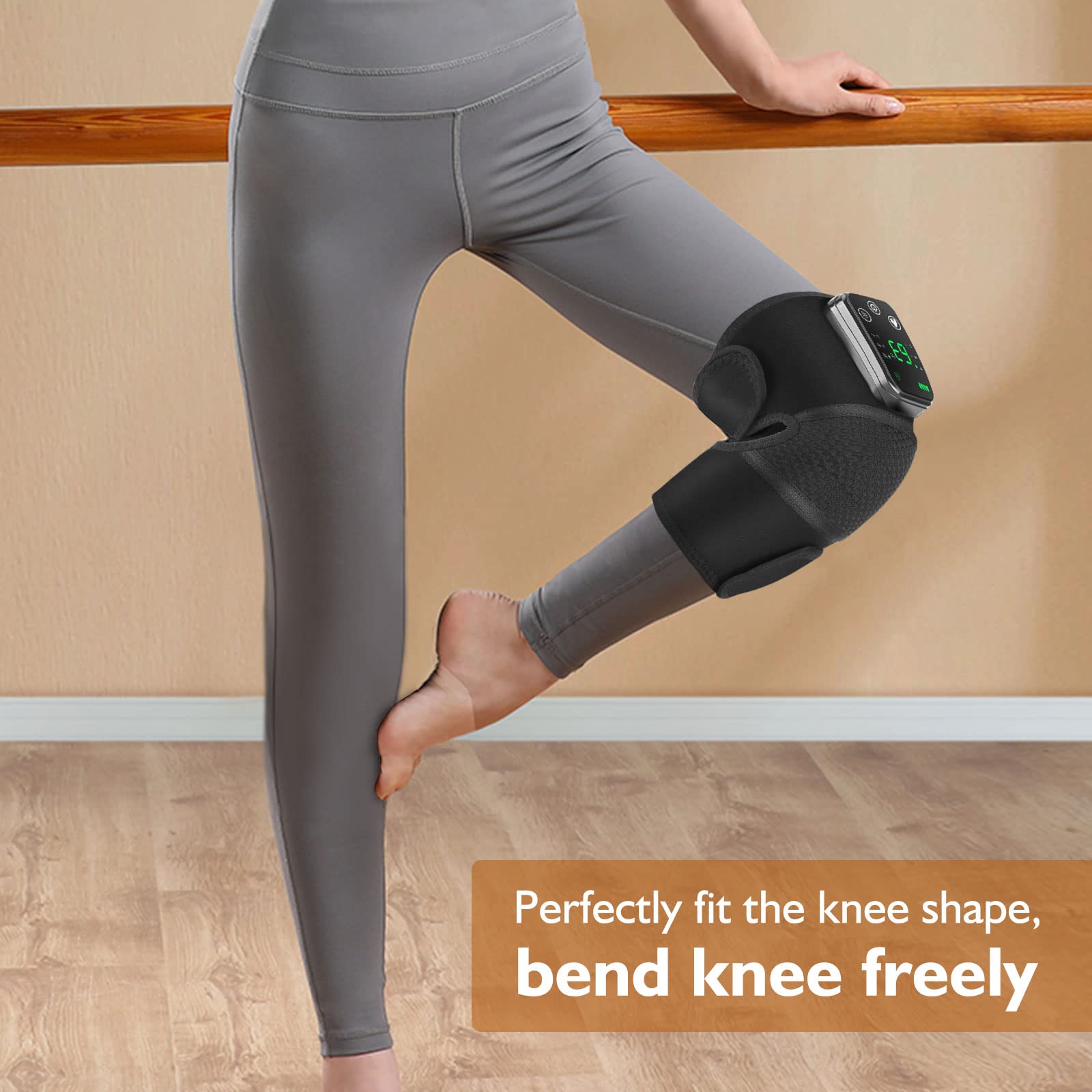 Craques heated knee brace for pain relief worn on left knee showing flexible fit and adjustable strap