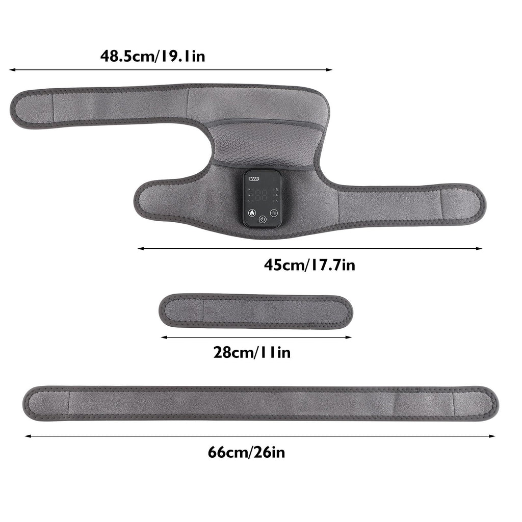 Craques heated knee brace for pain relief with adjustable straps and control panel shown with measurements