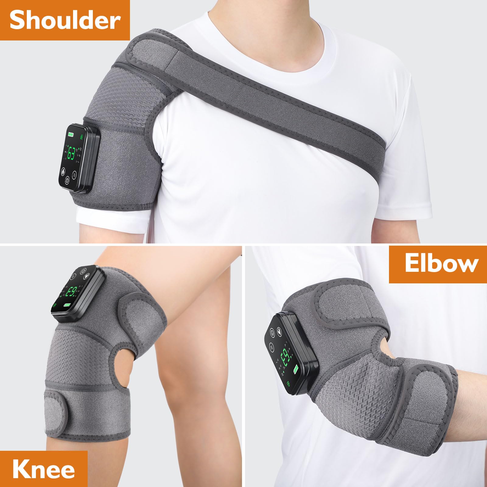 Craques heated knee brace for pain relief shown on knee with adjustable straps and digital control