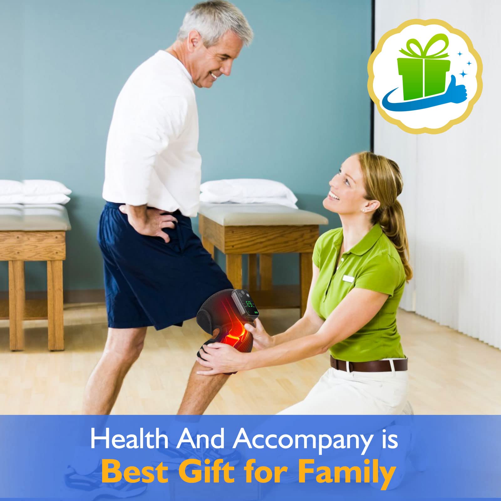 Craques heated knee brace for pain relief being applied to elderly man's knee by therapist in clinic