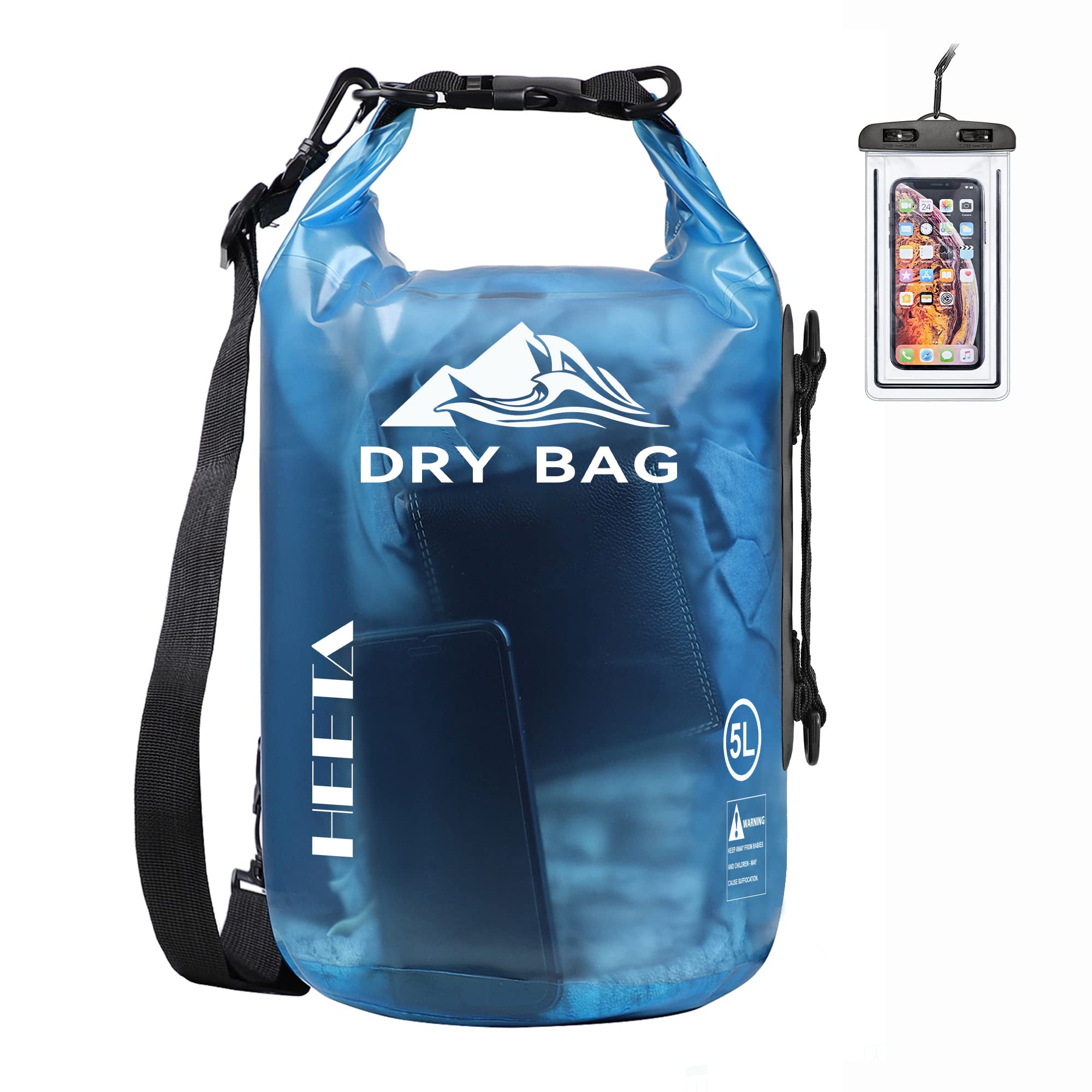 Blue craques waterproof dry bag for kayaking with 5 liter capacity and phone waterproof case