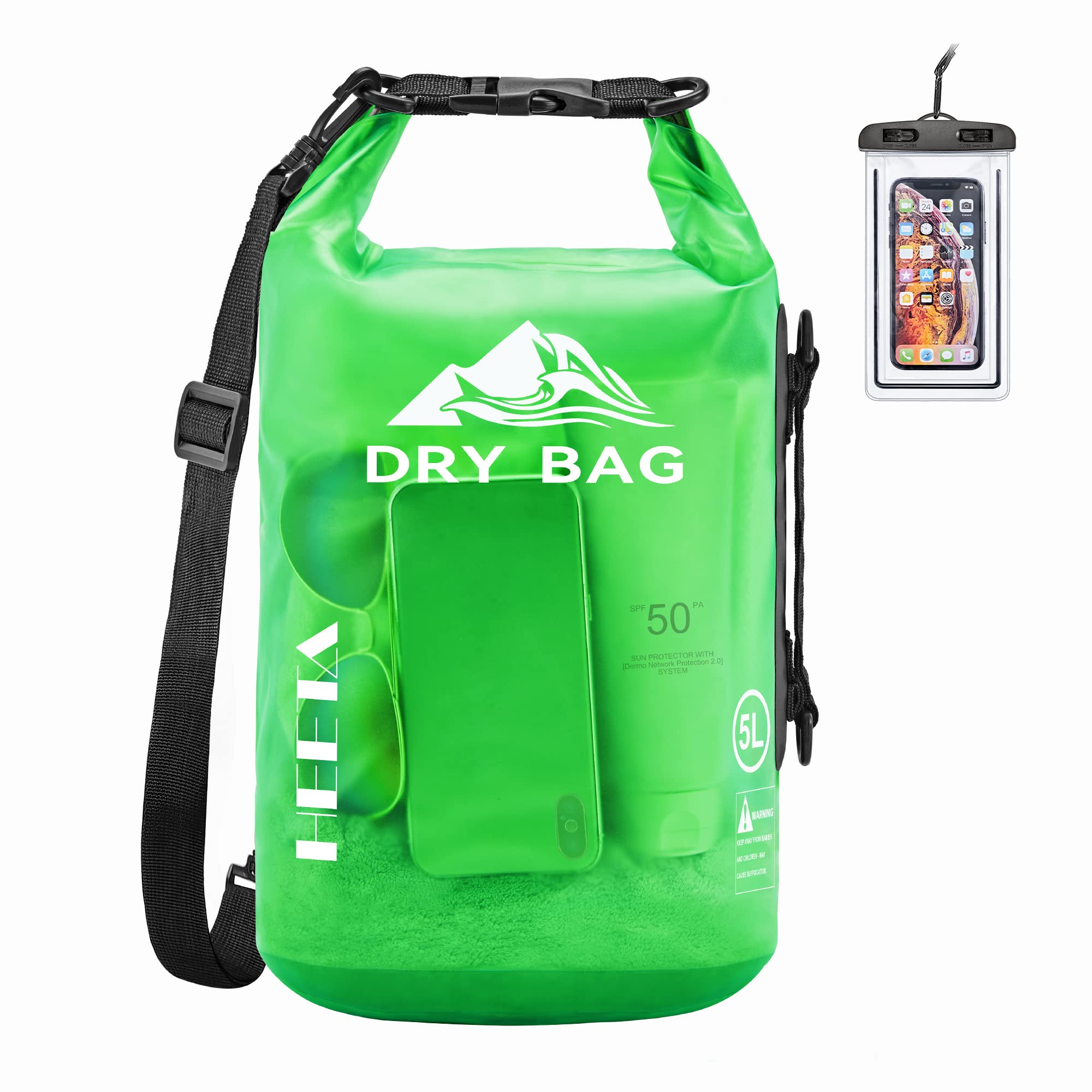 Green waterproof dry bag for kayaking with shoulder strap and clear phone case for outdoor water activities