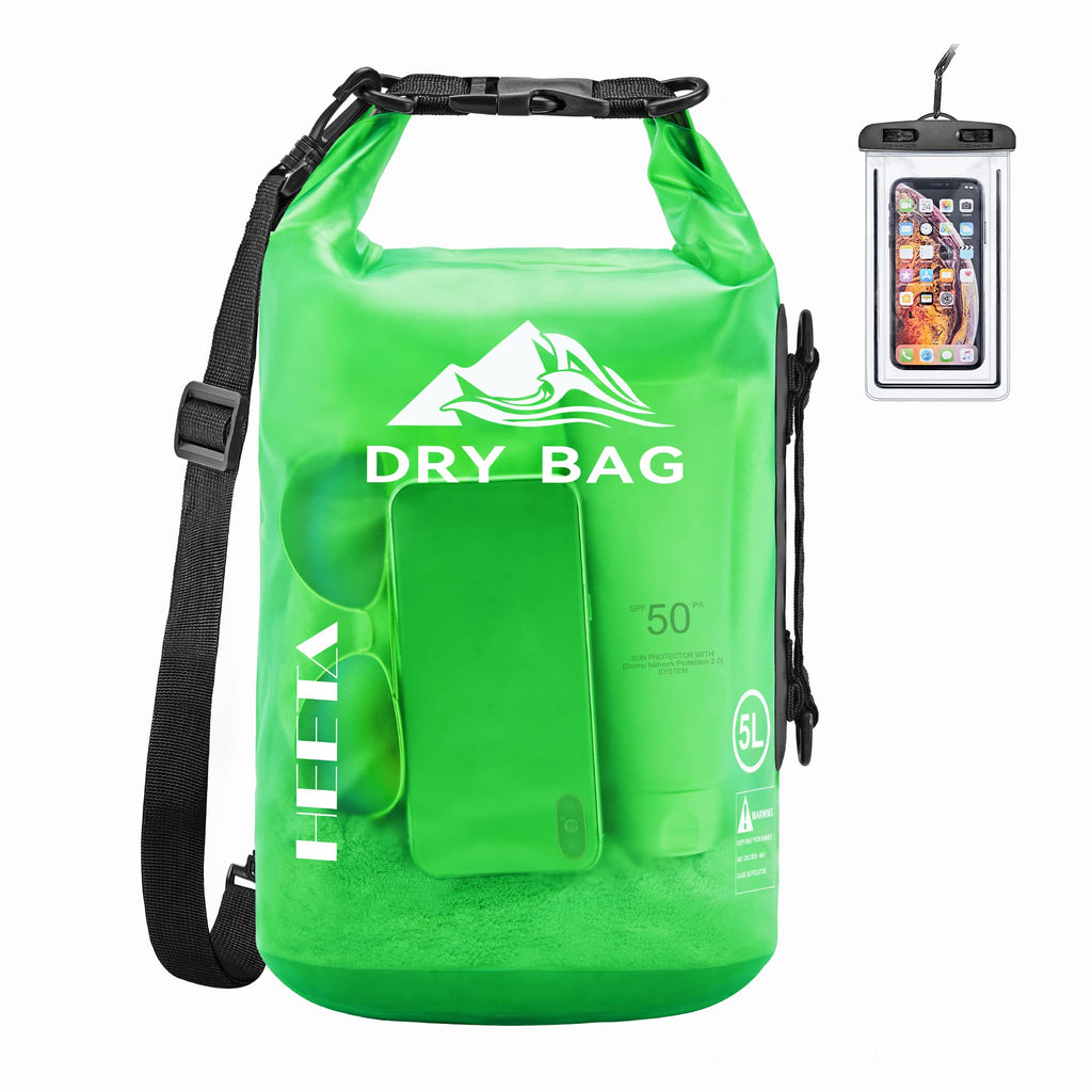 Craques waterproof dry bag for kayaking in green with shoulder strap and clear phone pouch