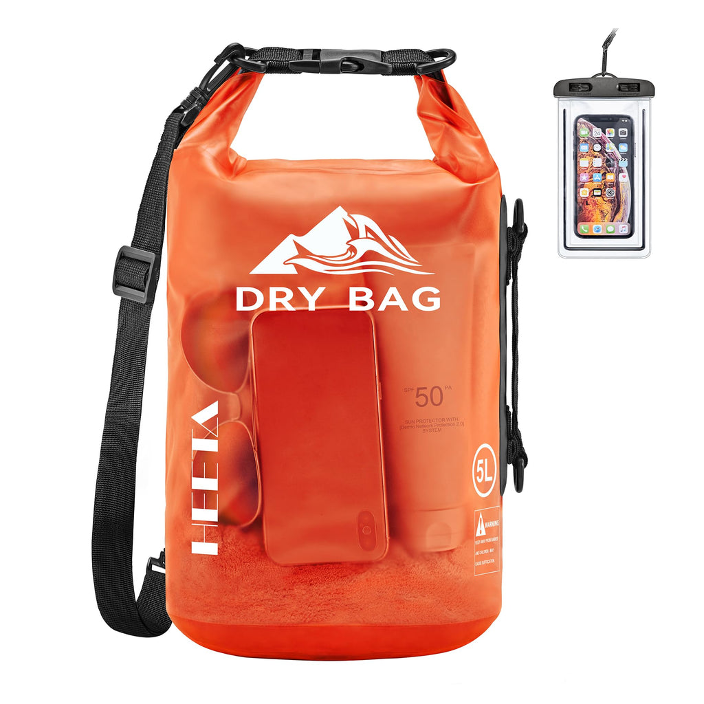 Orange waterproof dry bag for kayaking with shoulder strap and waterproof phone case by craques