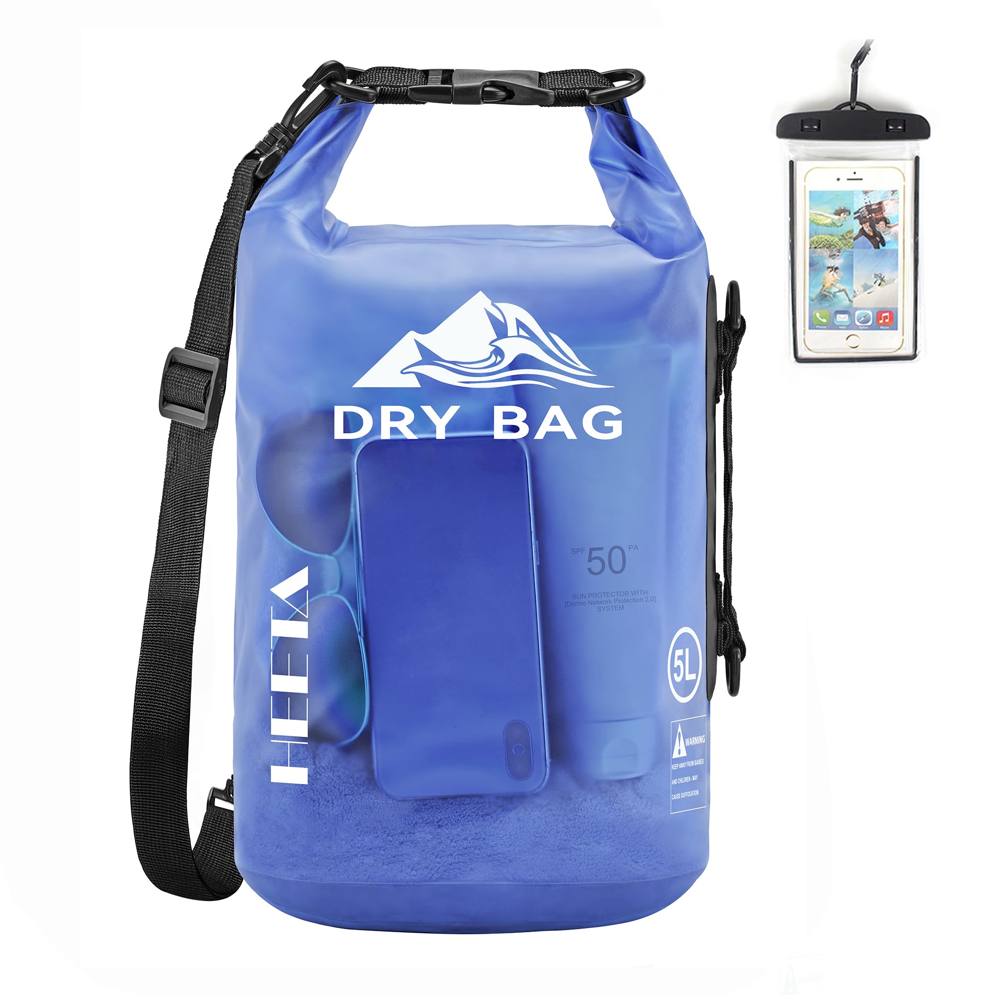 Craques waterproof dry bag for kayaking in blue with adjustable black strap and phone waterproof case